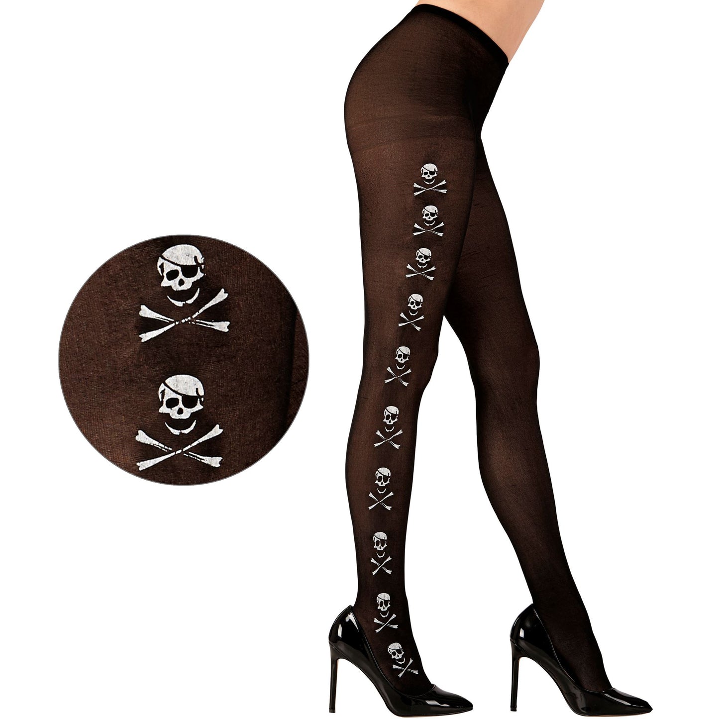 "SCHWARZE STRUMPFHOSE MIT TOTENKOPF UND KNOCHEN" 40 DEN – Vorderansicht