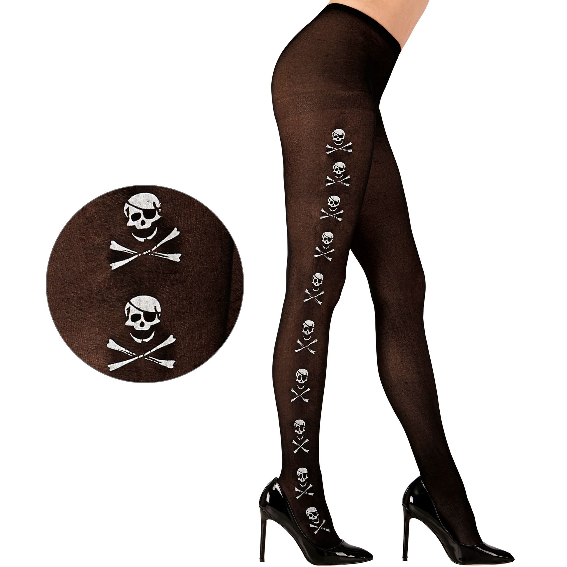 "SCHWARZE STRUMPFHOSE MIT TOTENKOPF UND KNOCHEN" 40 DEN – Vorderansicht
