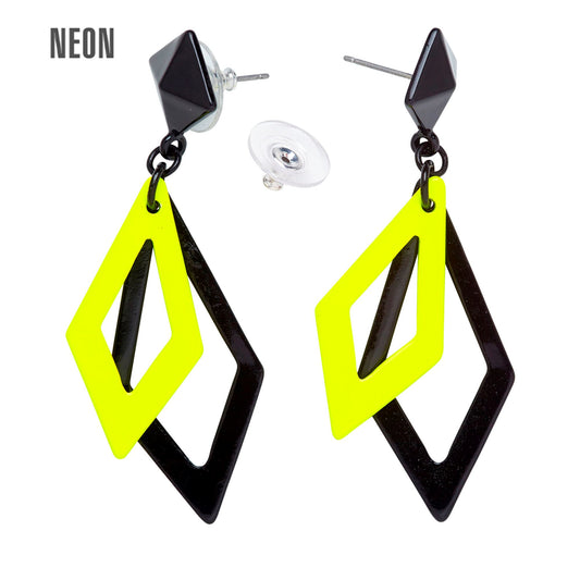 "SCHWARZE UND NEON GELBE RHOMBUS OHRRINGE" – Vorderansicht