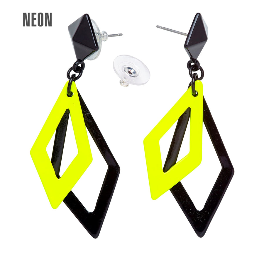 "SCHWARZE UND NEON GELBE RHOMBUS OHRRINGE" – Vorderansicht