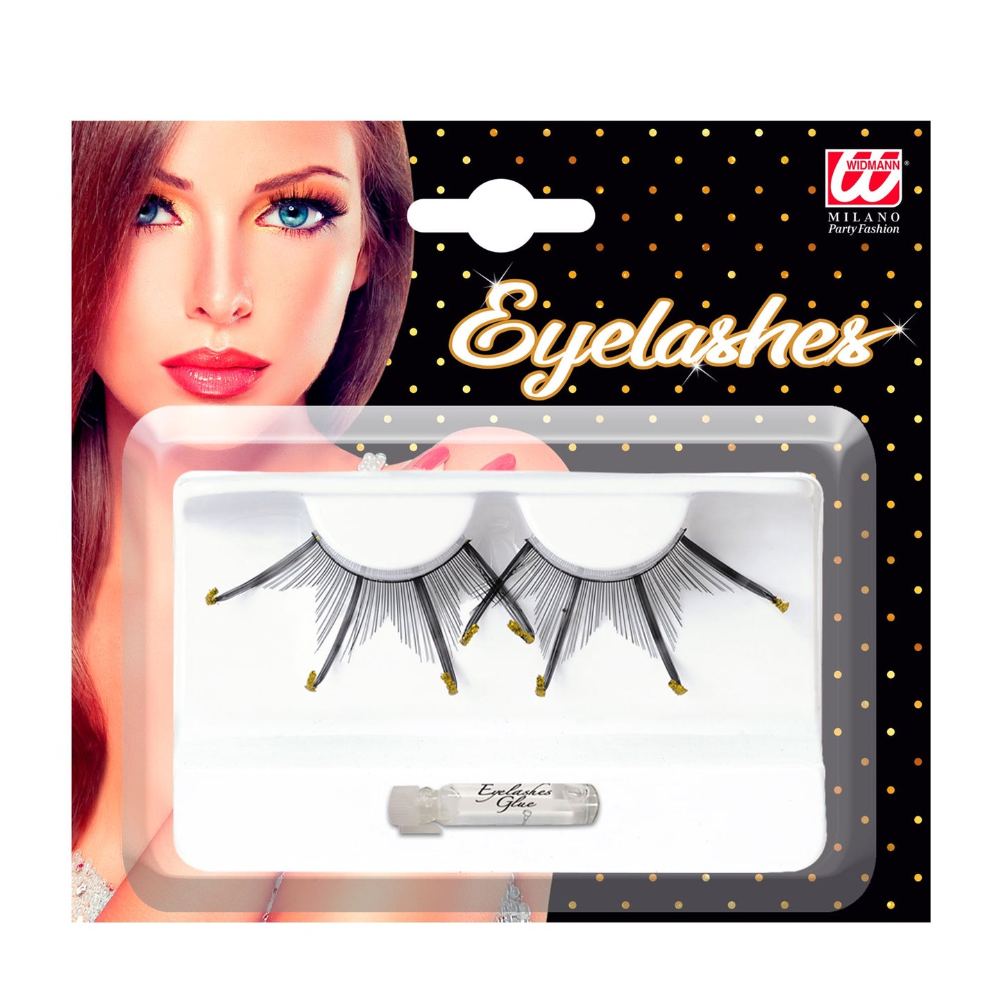 "SCHWARZE WIMPERN MIT MAXI SPITZEN GOLD RAND" mit Klebstofftube – Vorderansicht