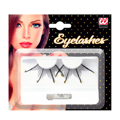 "SCHWARZE WIMPERN MIT MAXI SPITZEN GOLD RAND" mit Klebstofftube – Vorderansicht