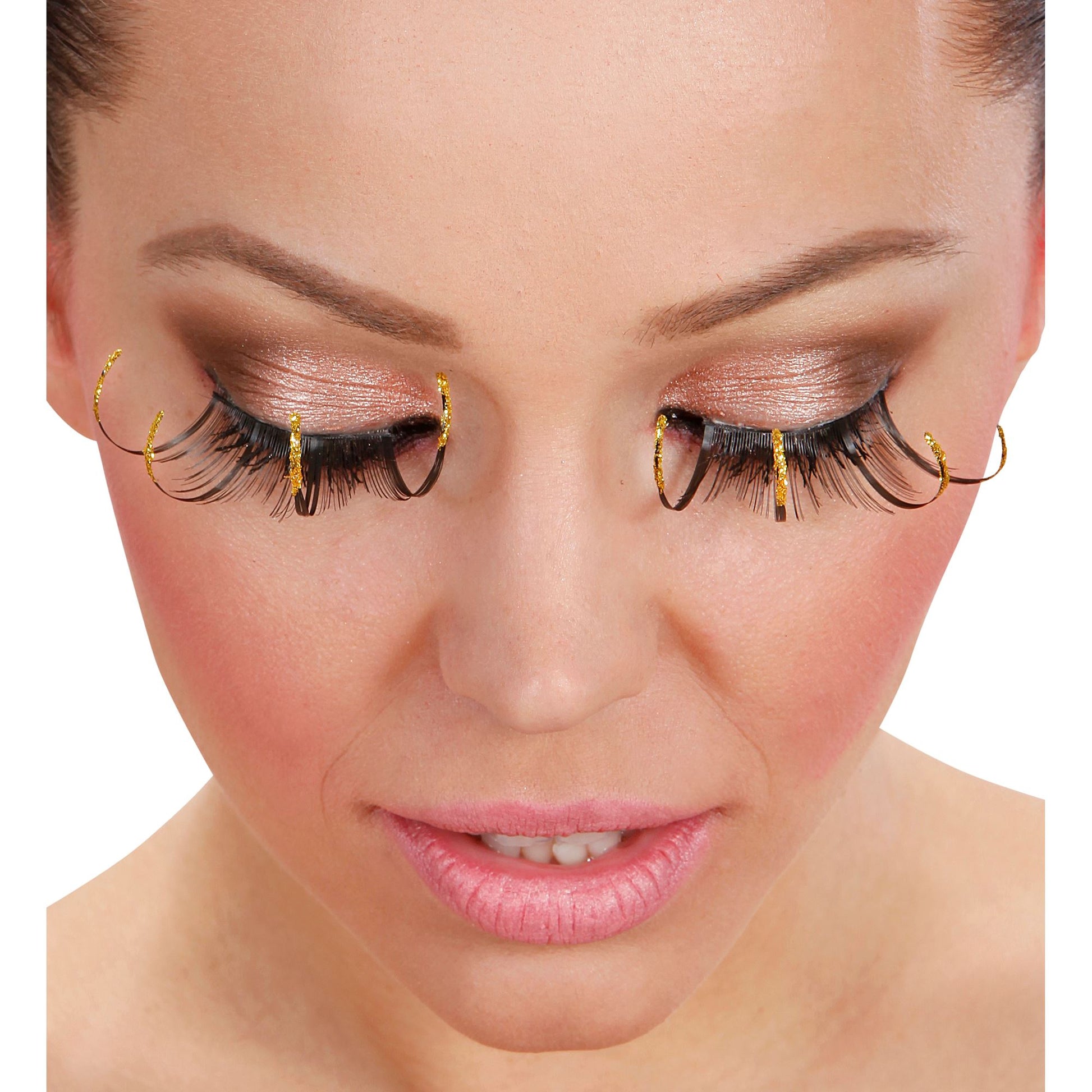 "SCHWARZE WIMPERN MIT MAXI SPITZEN GOLD RAND" mit Klebstofftube – Detailansicht