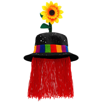 "SCHWARZER CLOWNHUT MIT HAAREN UND SONNENBLUME" aus Pannesamt – Vorderansicht