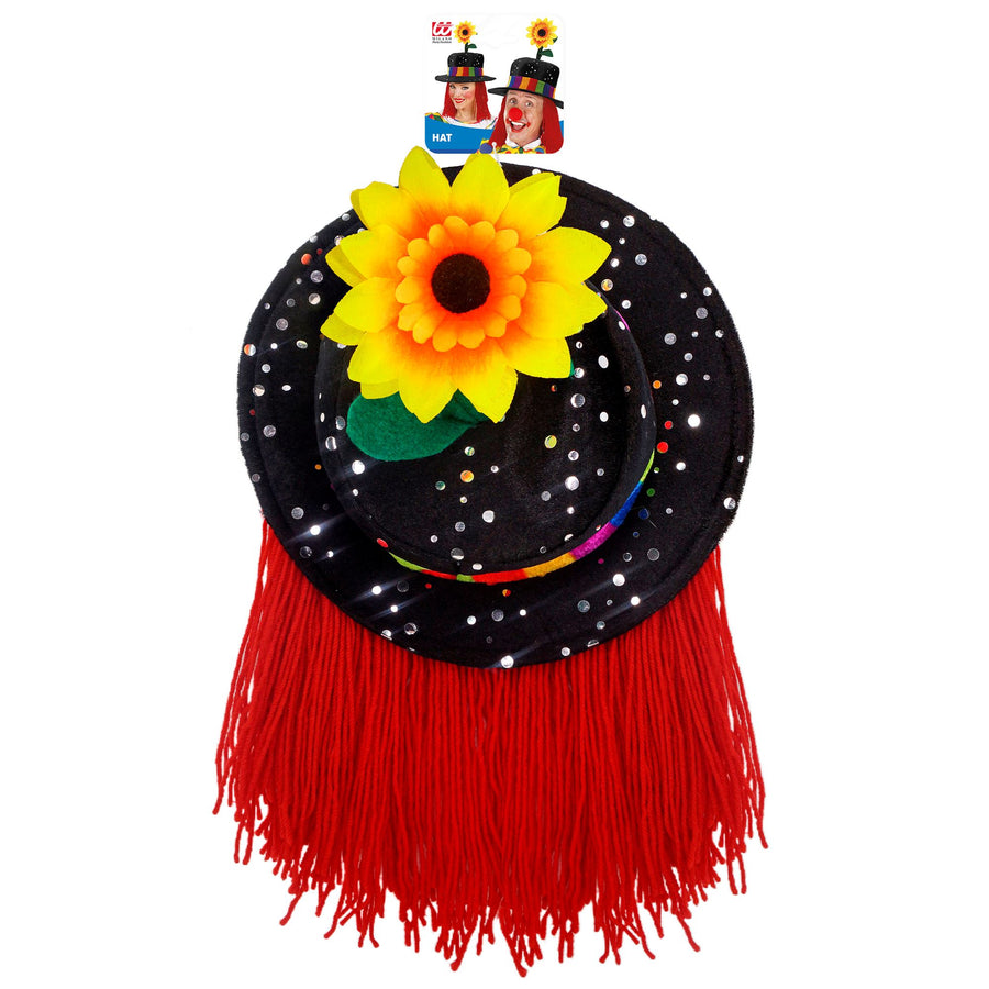 "SCHWARZER CLOWNHUT MIT HAAREN UND SONNENBLUME" aus Pannesamt – Detailansicht