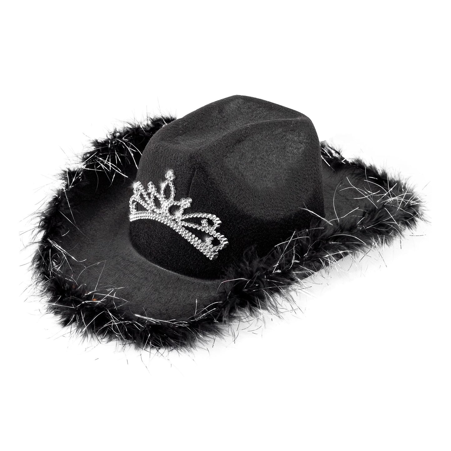 "SCHWARZER COWGIRL mit Tiara & Marabu Verzierung mit Lametta Fäden in Silber – Vorderansicht