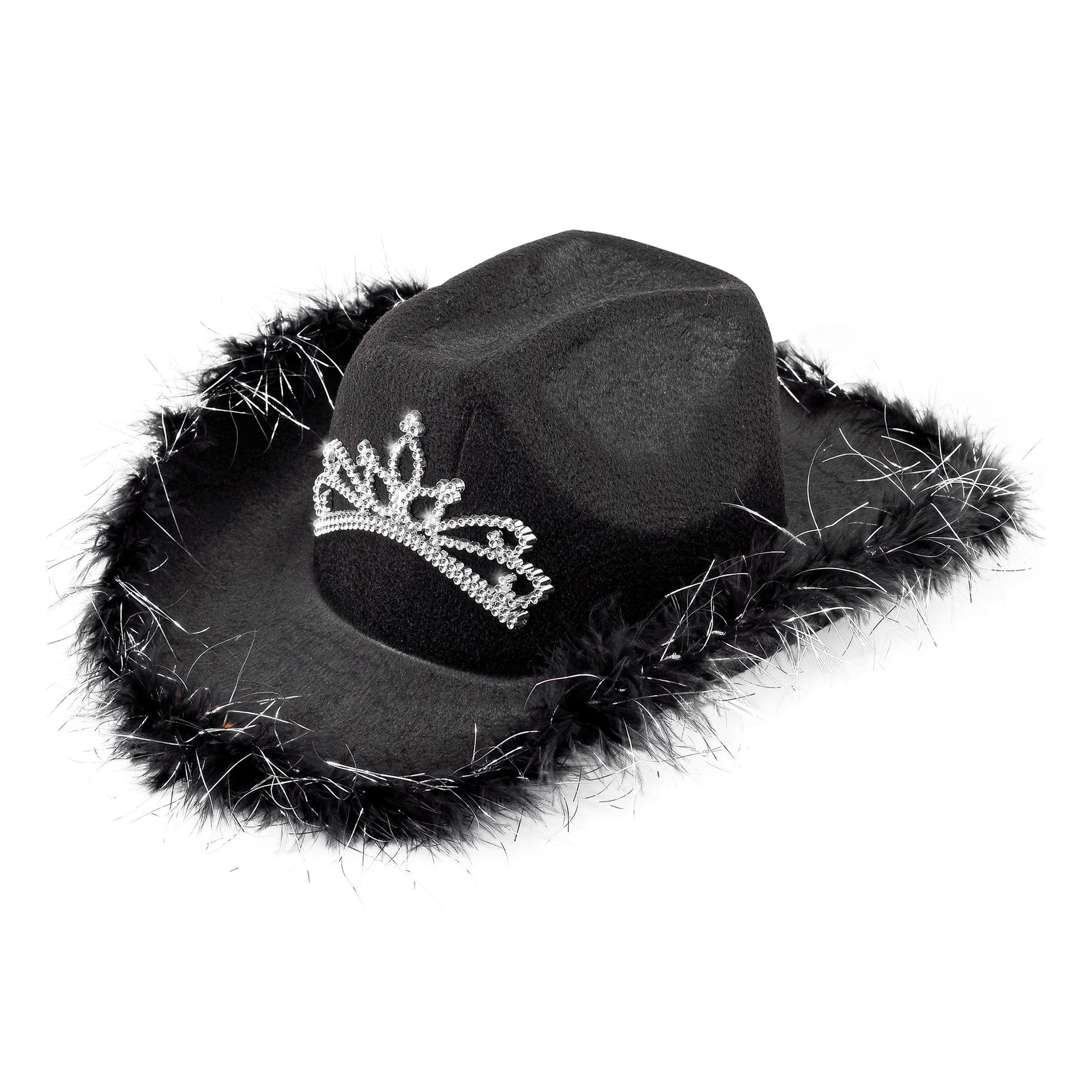 "SCHWARZER COWGIRL mit Tiara & Marabu Verzierung mit Lametta Fäden in Silber – Vorderansicht