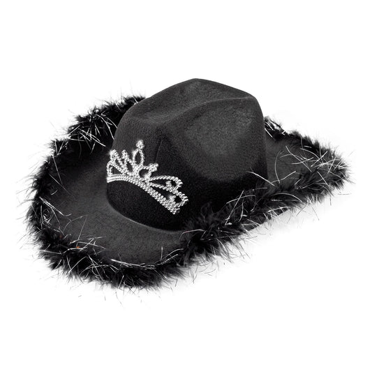 "SCHWARZER COWGIRL mit Tiara & Marabu Verzierung mit Lametta Fäden in Silber – Vorderansicht