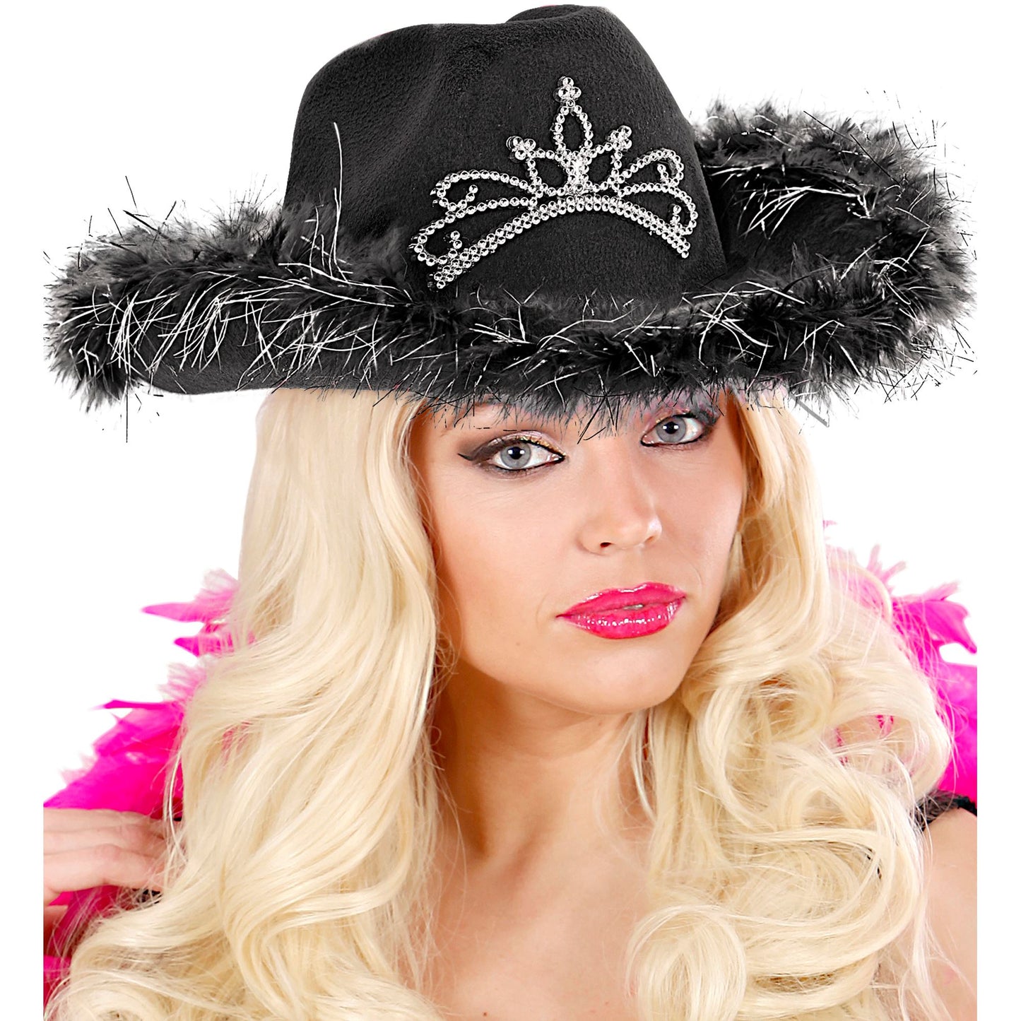 "SCHWARZER COWGIRL mit Tiara & Marabu Verzierung mit Lametta Fäden in Silber – Detailansicht