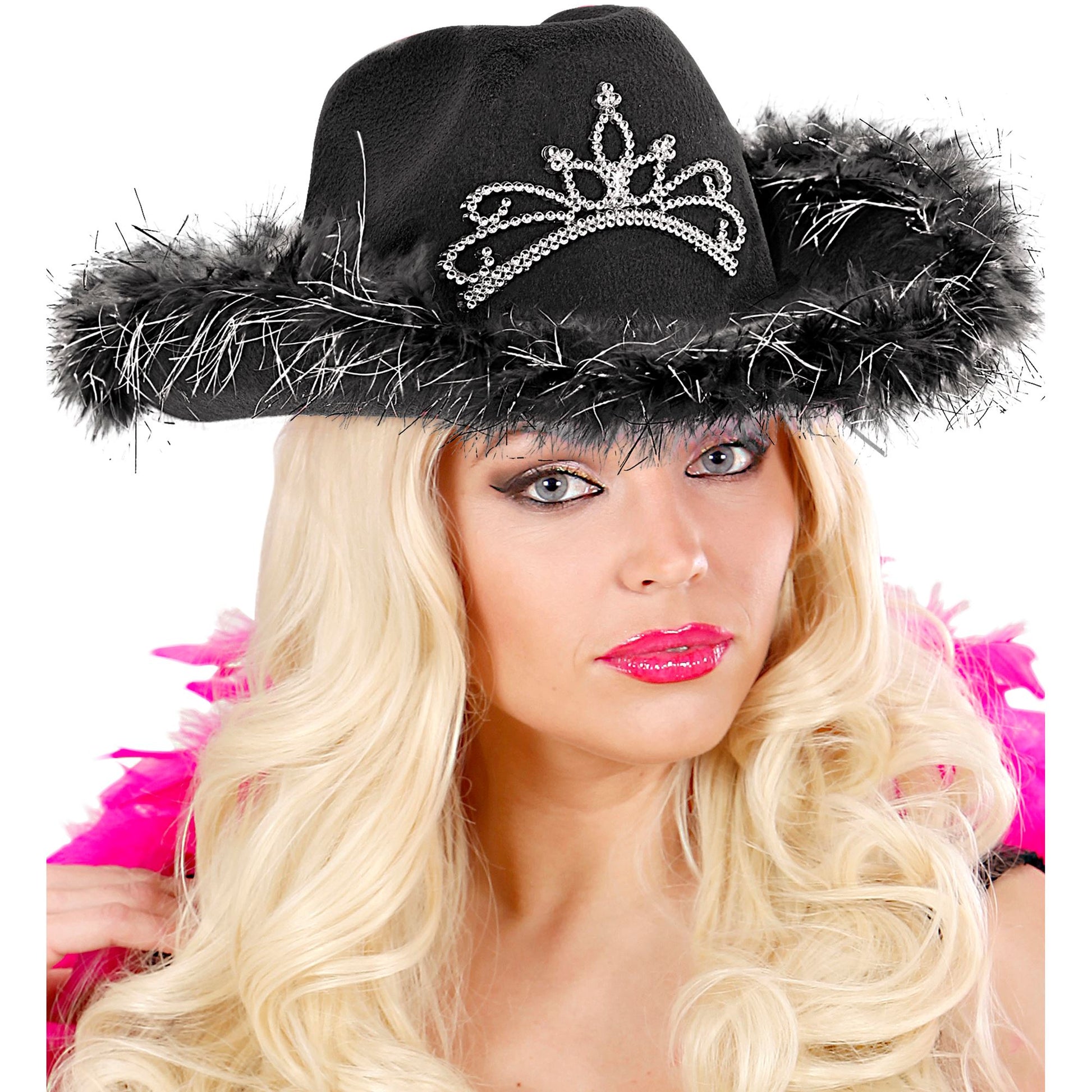 "SCHWARZER COWGIRL mit Tiara & Marabu Verzierung mit Lametta Fäden in Silber – Detailansicht