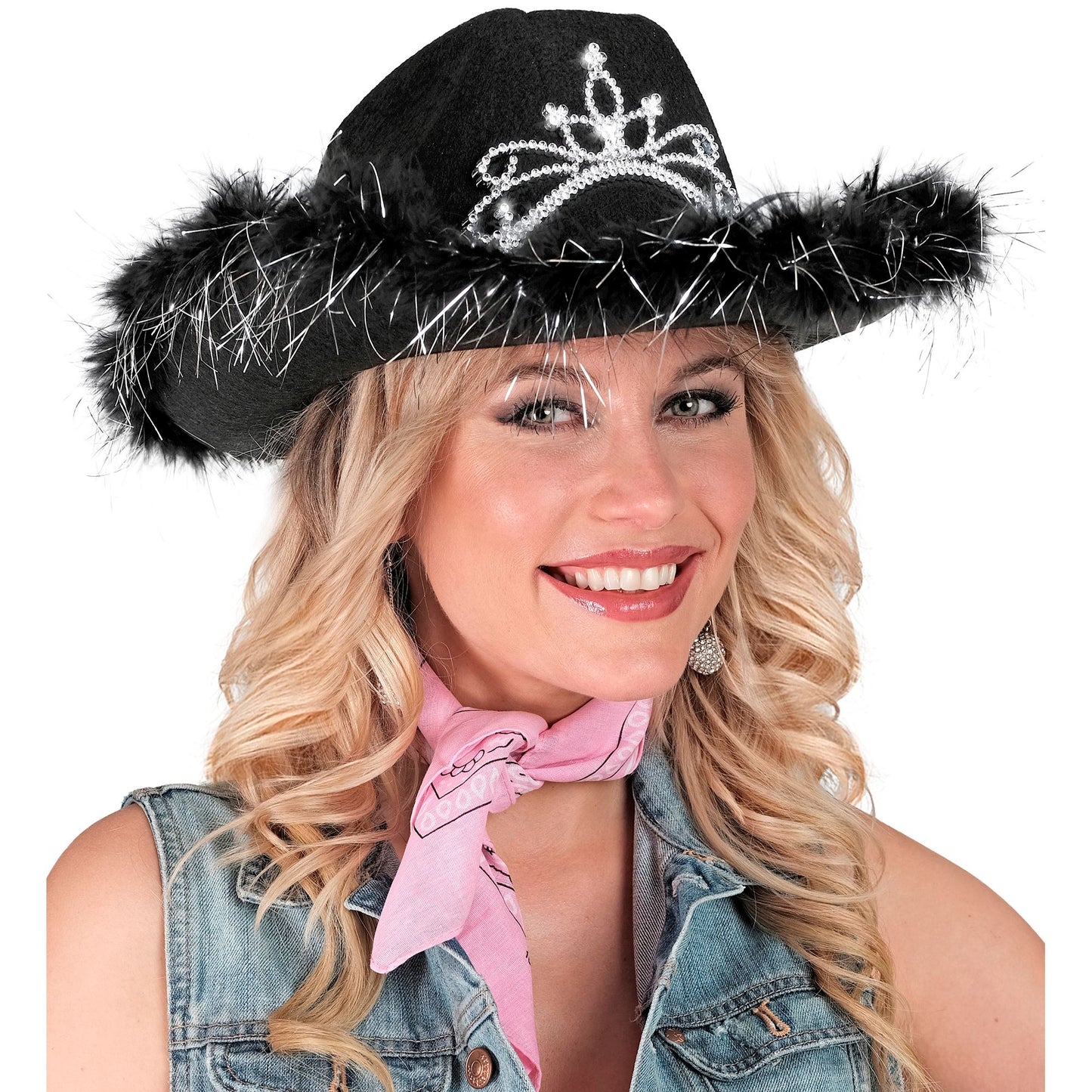 "SCHWARZER COWGIRL mit Tiara & Marabu Verzierung mit Lametta Fäden in Silber – Ansicht 3