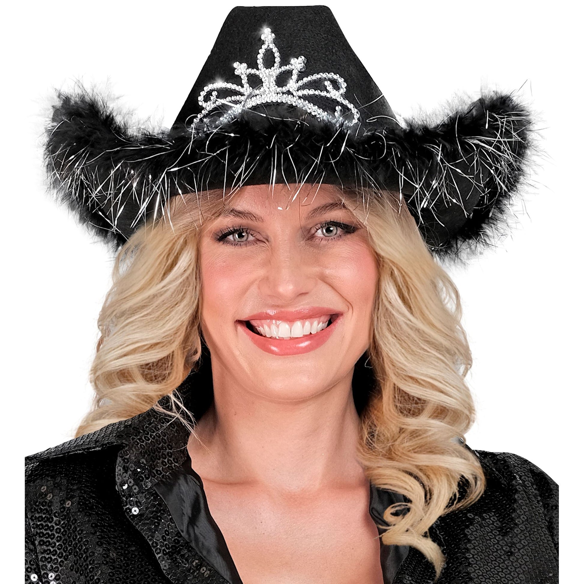 "SCHWARZER COWGIRL mit Tiara & Marabu Verzierung mit Lametta Fäden in Silber – Ansicht 4