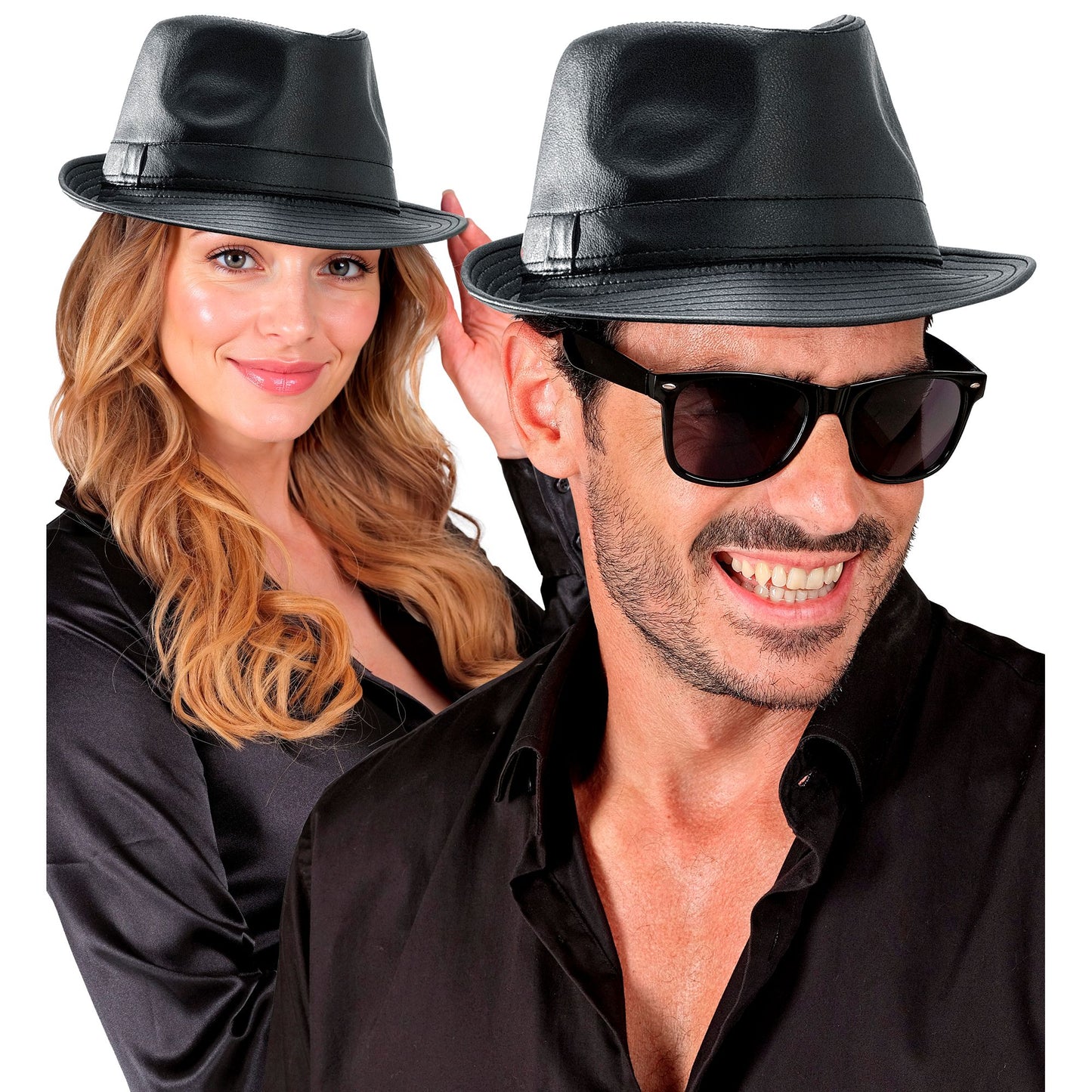 "SCHWARZER FEDORA AUS KUNSTLEDER" – Detailansicht