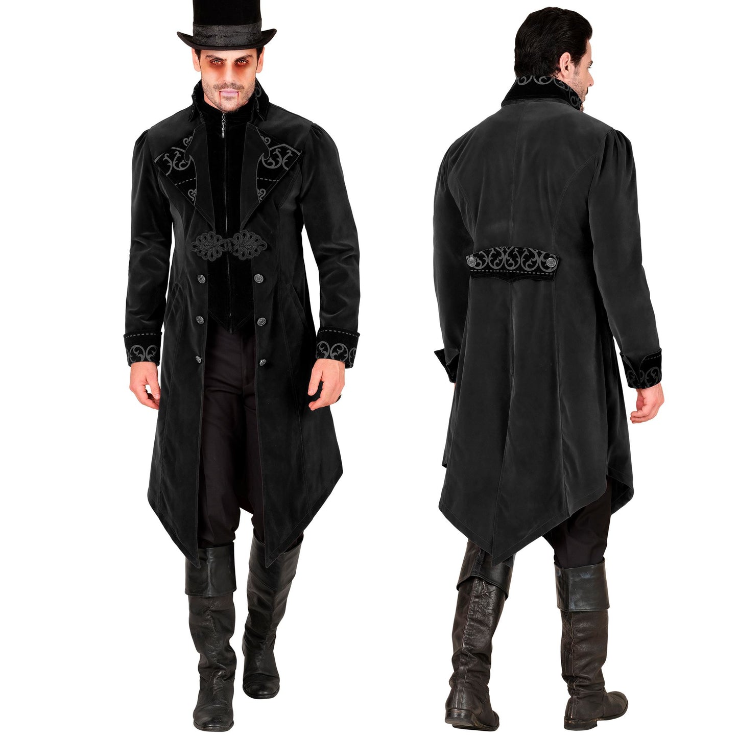 "SCHWARZER GOTHIC MANTEL AUS SAMT" – Detailansicht