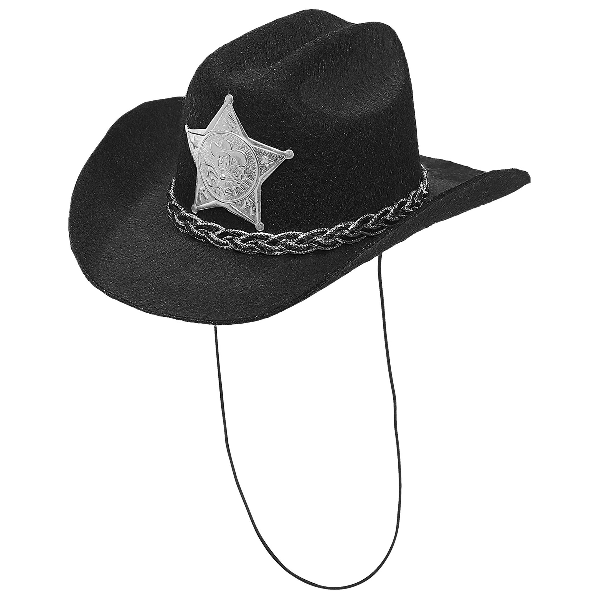 "SCHWARZER MINI COWBOYHUT MIT SHERIFFSTERN" aus Filz – Detailansicht