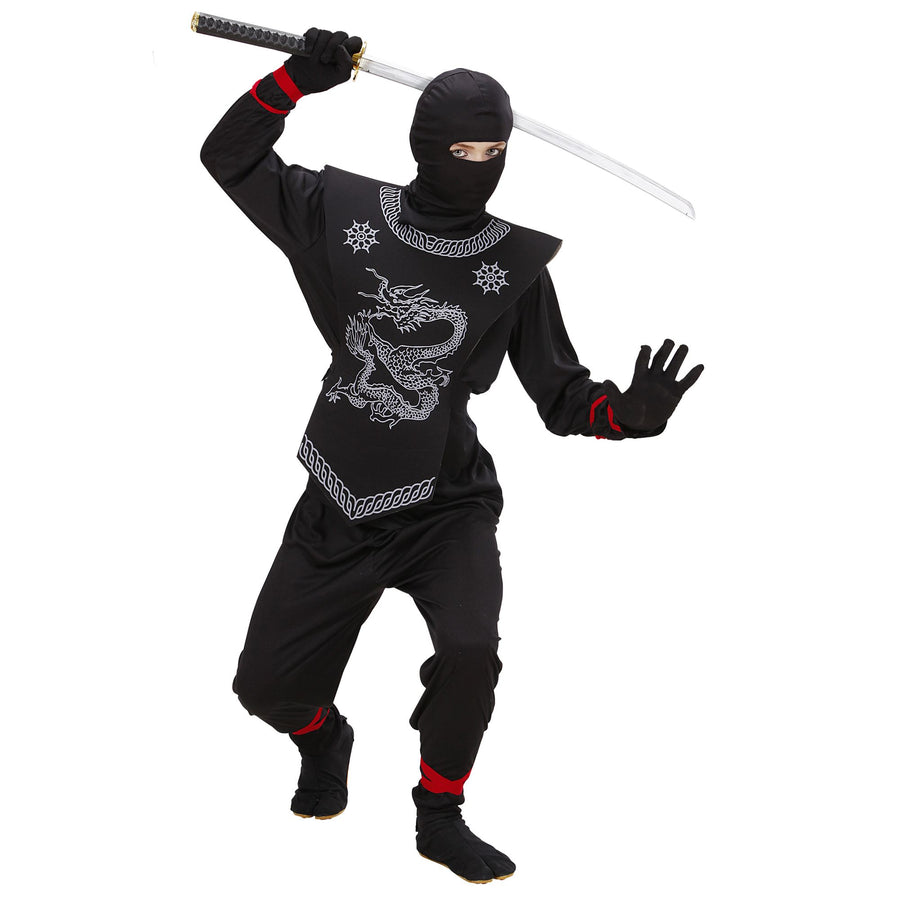 "SCHWARZER NINJA" (Oberteil mit Bändern, Hose mit Bändern, Brustschutz, Maske) – Vorderansicht