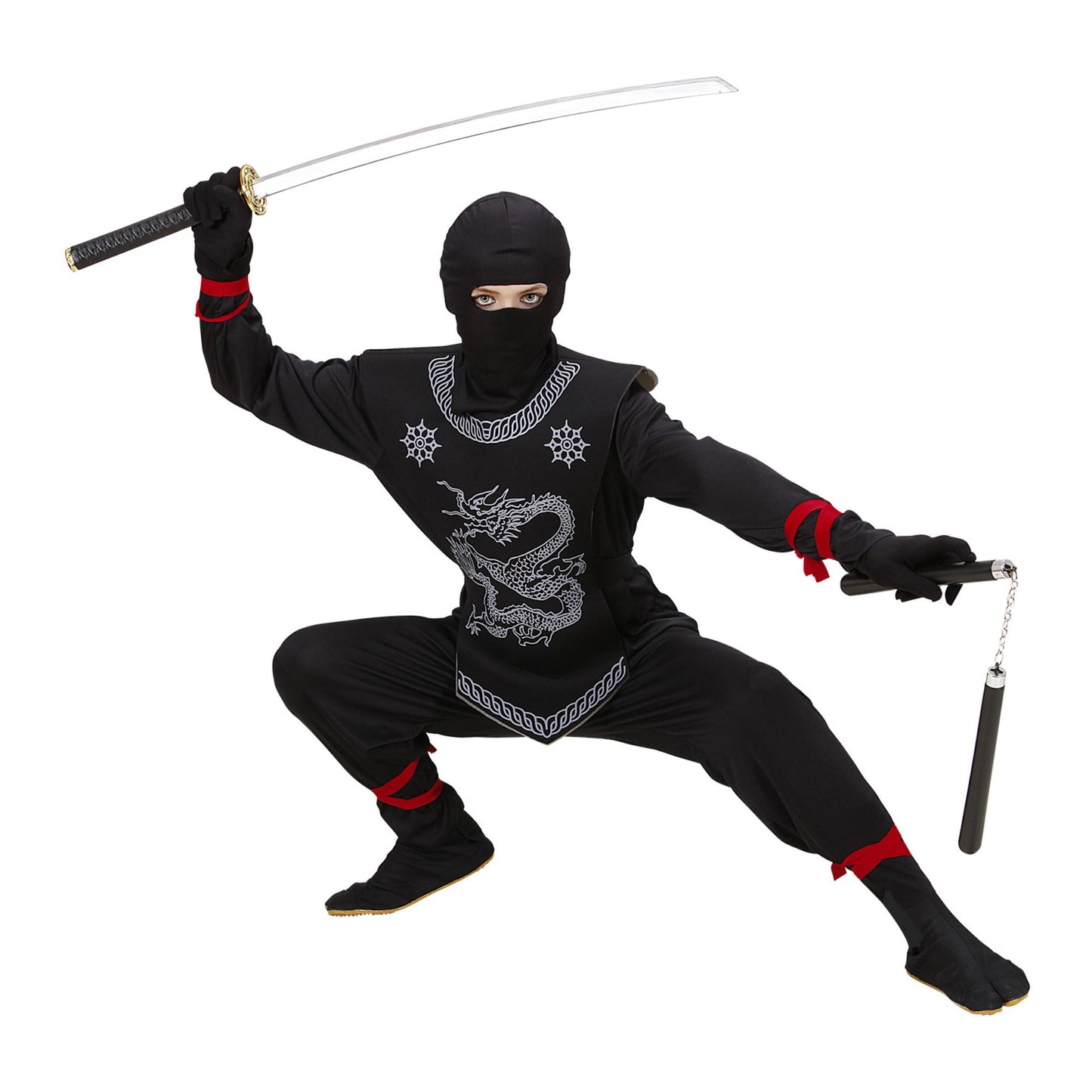"SCHWARZER NINJA" (Oberteil mit Bändern, Hose mit Bändern, Brustschutz, Maske) – Detailansicht