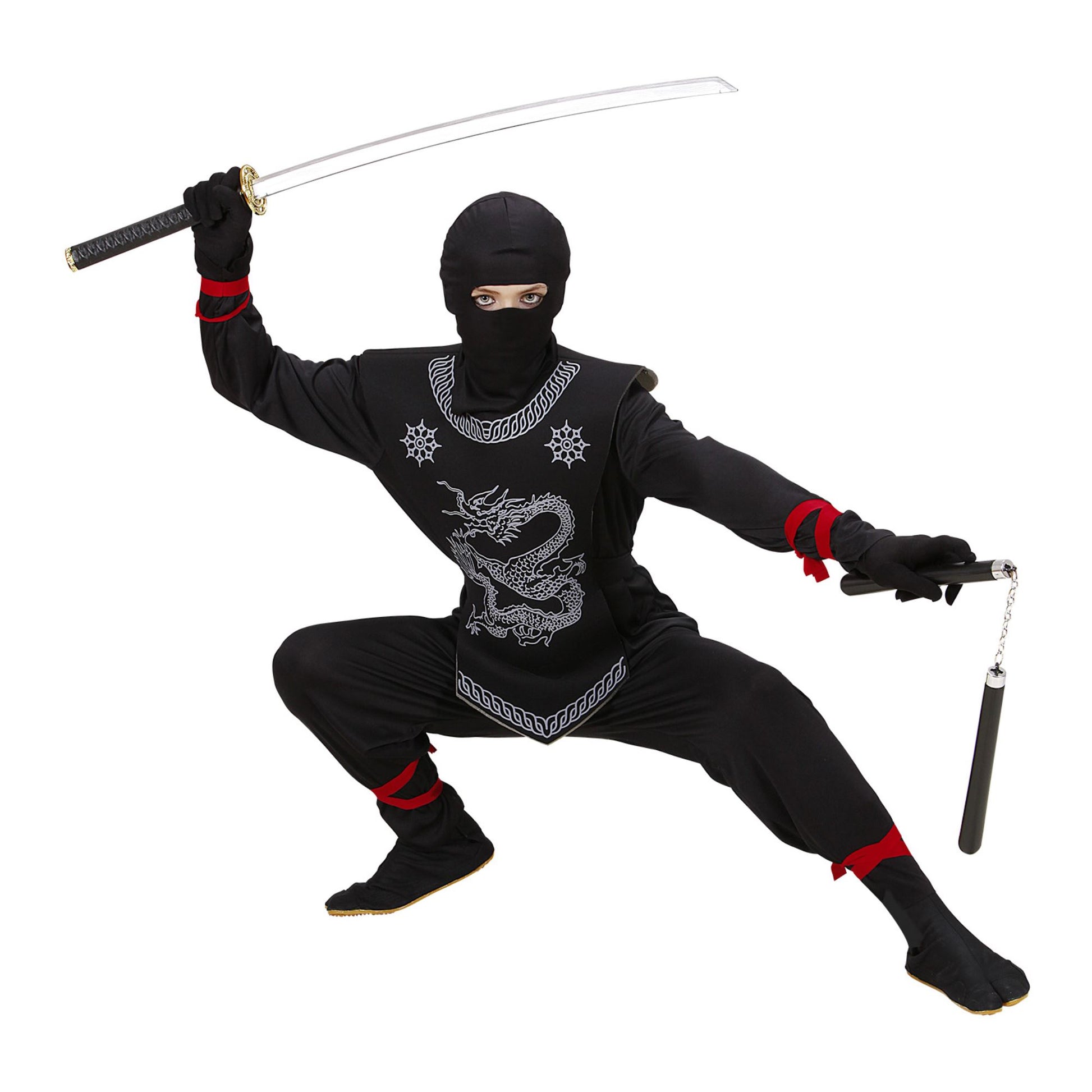 "SCHWARZER NINJA" (Oberteil mit Bändern, Hose mit Bändern, Brustschutz, Maske) – Detailansicht