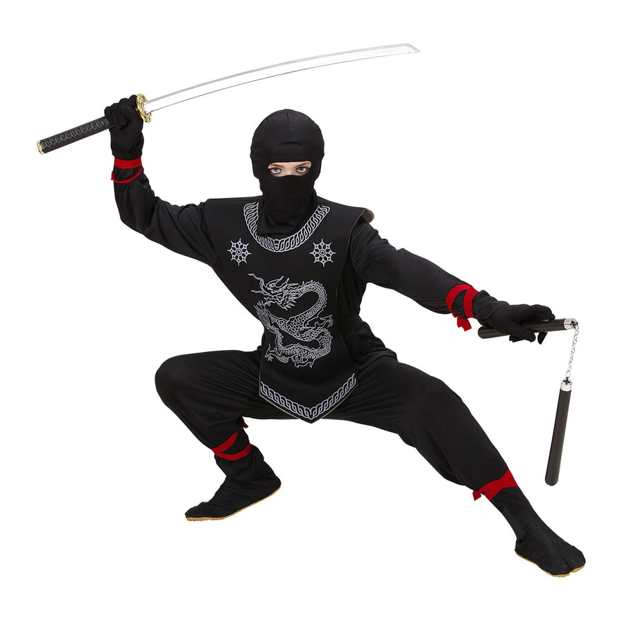 "SCHWARZER NINJA" (Oberteil mit Bändern, Hose mit Bändern, Brustschutz, Maske) – Detailansicht