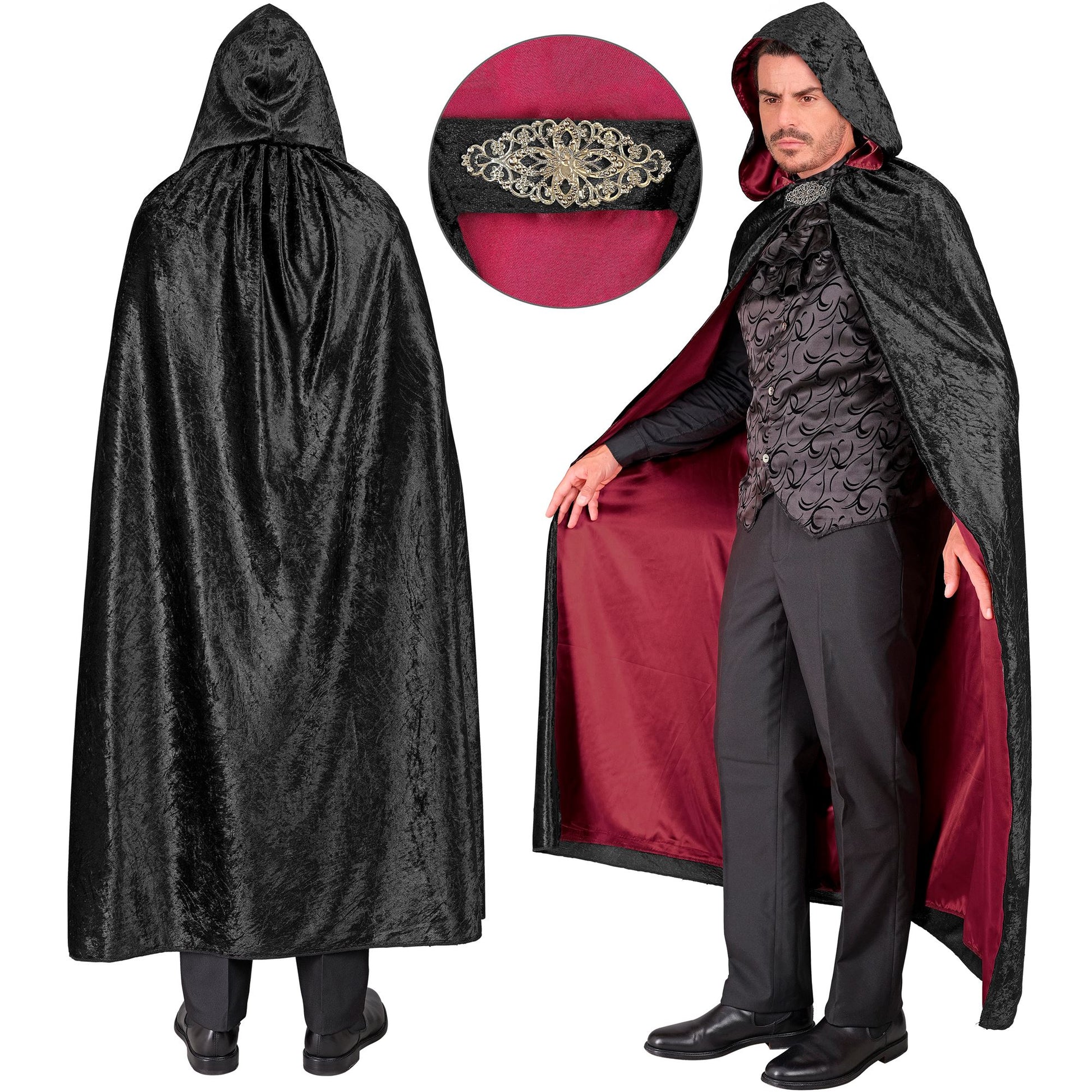 Widmann schwarzer Samt Umhang mit rotem Innenfutter 140 cm – Rückansicht