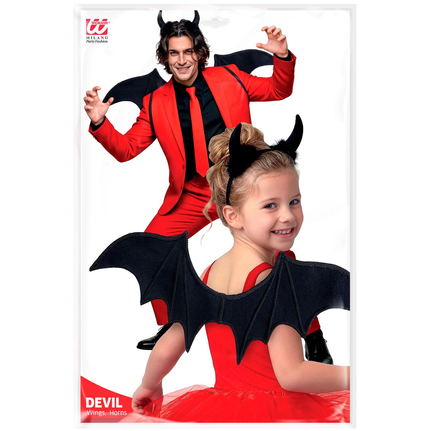 "SCHWARZER TEUFEL" Dress-up Set (Flügel, Hörner) – Detailansicht