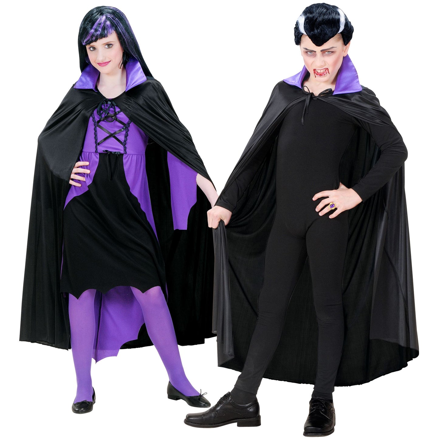 "SCHWARZER UMHANG MIT LILA KRAGEN AUS SATIN" Kindergröße - 110 cm – Vorderansicht