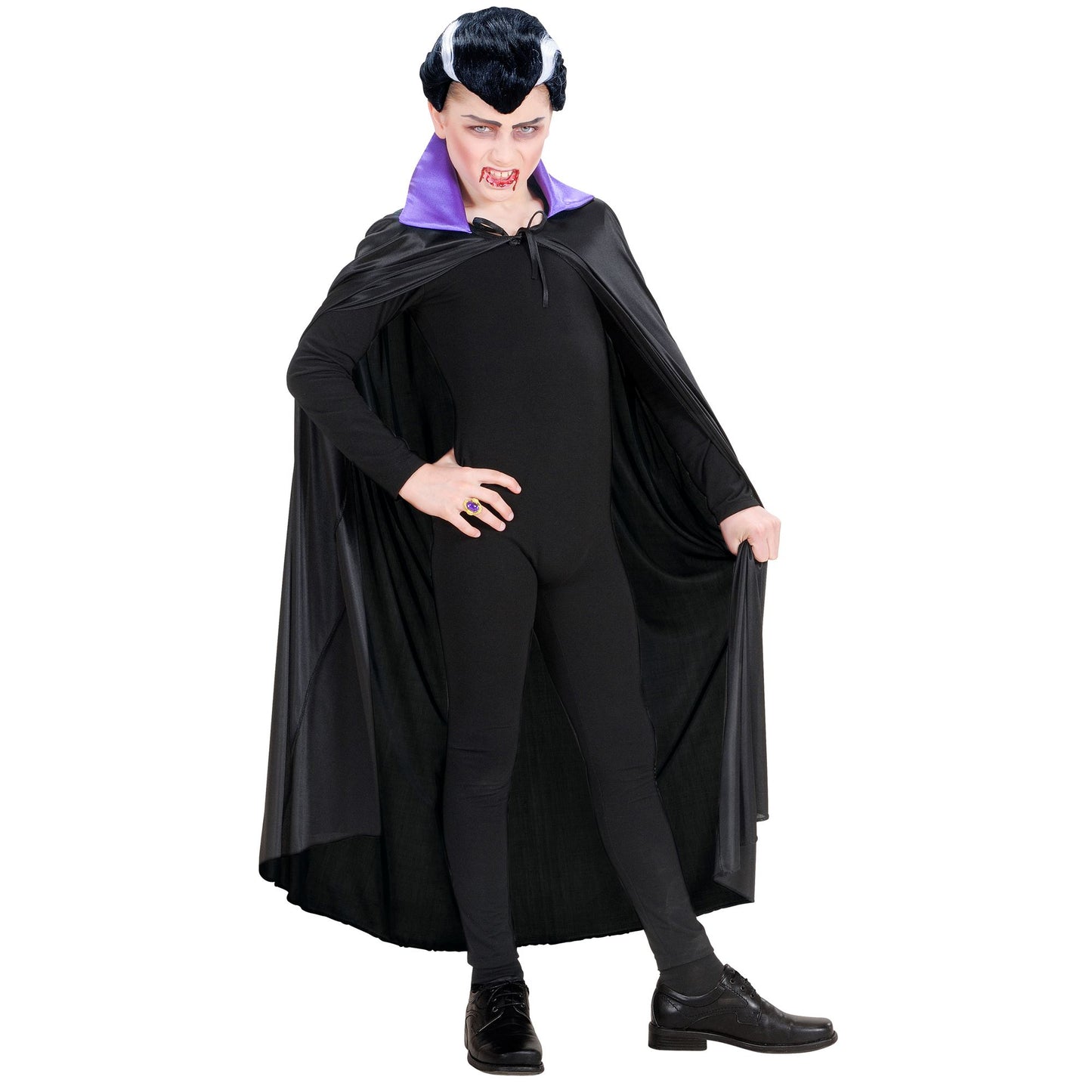"SCHWARZER UMHANG MIT LILA KRAGEN AUS SATIN" Kindergröße - 110 cm – Ansicht 4