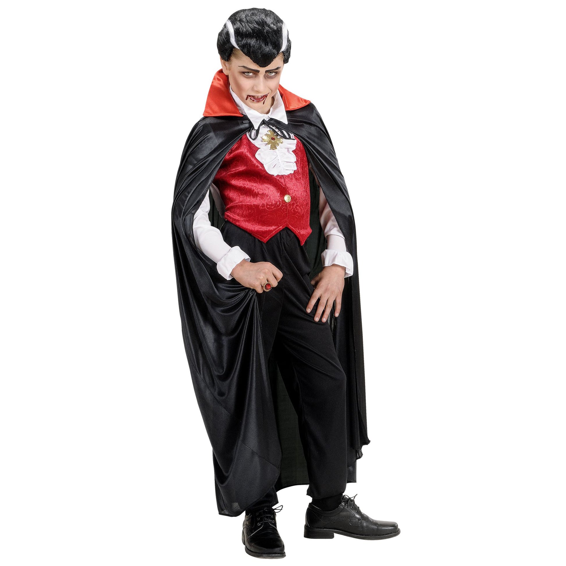 "SCHWARZER UMHANG MIT ROTEM KRAGEN AUS SATIN" Kindergröße - 110 cm – Ansicht 4