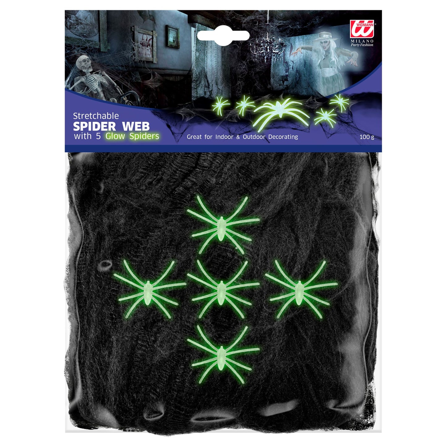 "SCHWARZES SPINNENNETZ 100 g MIT 5 GLOW IN THE DARK SPINNEN" – Vorderansicht