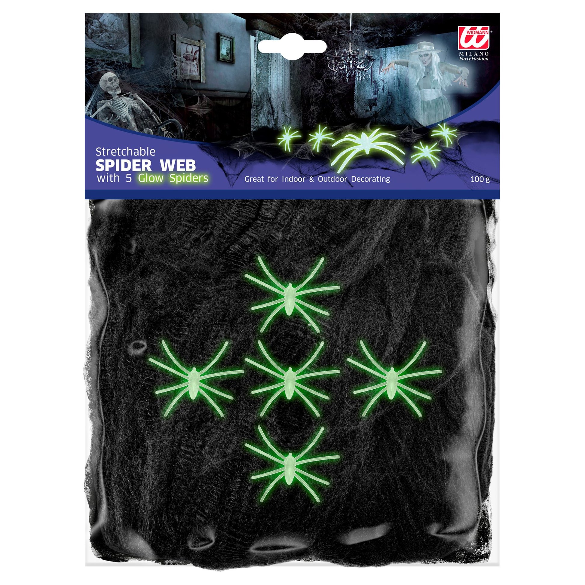 "SCHWARZES SPINNENNETZ 100 g MIT 5 GLOW IN THE DARK SPINNEN" – Vorderansicht