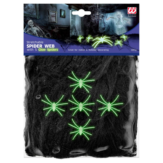 "SCHWARZES SPINNENNETZ 100 g MIT 5 GLOW IN THE DARK SPINNEN" – Vorderansicht
