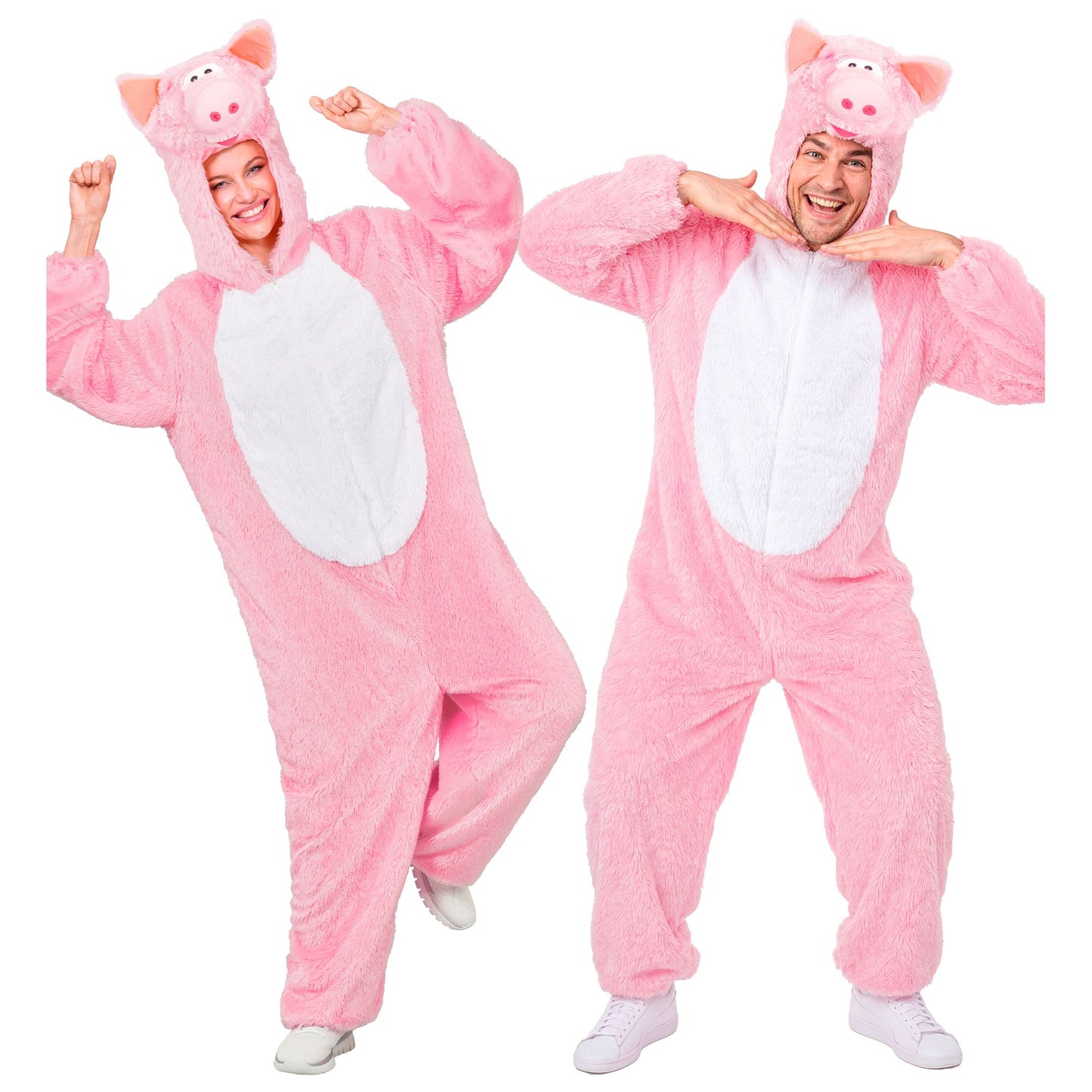 "SCHWEIN EXTRA WEICHES PLÜSCHKOSTÜM" (Overall mit Kapuze) – Vorderansicht