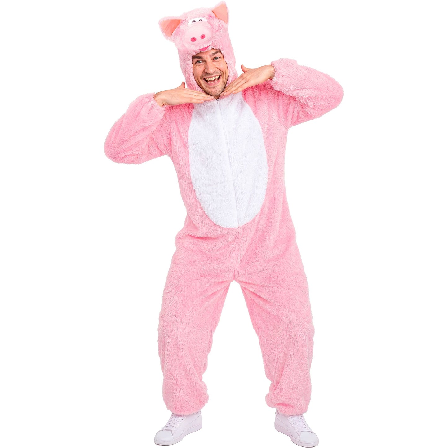 "SCHWEIN EXTRA WEICHES PLÜSCHKOSTÜM" (Overall mit Kapuze) – Detailansicht