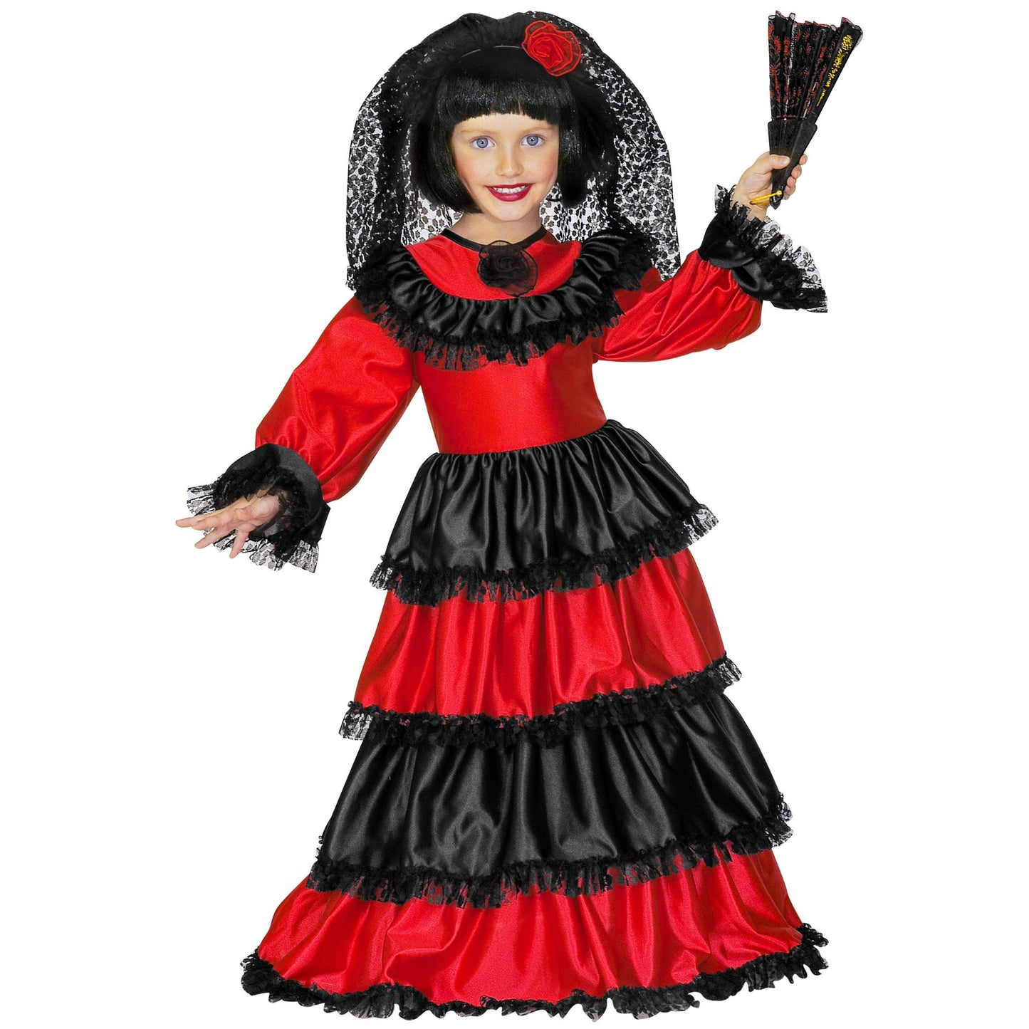 "SEÑORITA" (Kleid mit Petticoat, Kopfbedeckung aus Spitze) – Vorderansicht