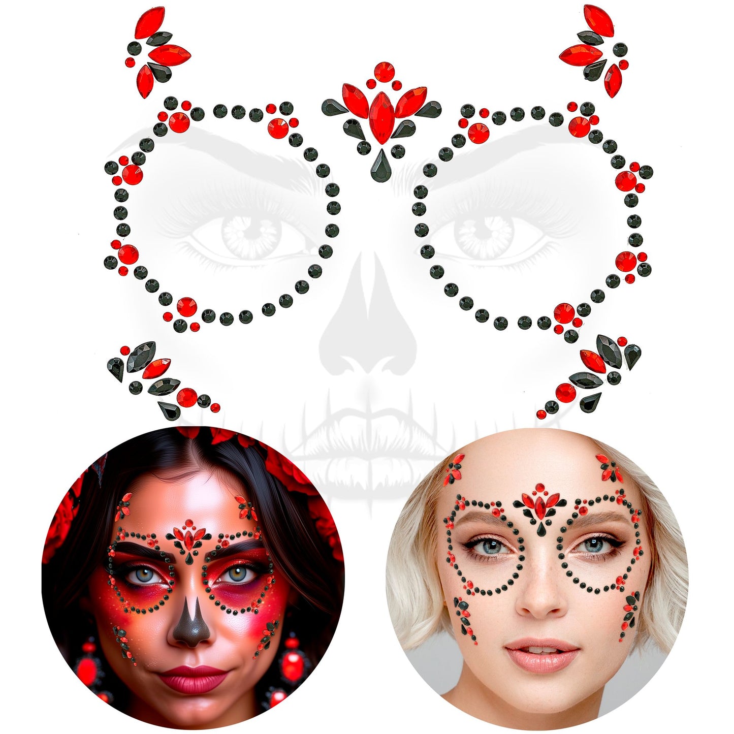 "SELBSTKLEBENDE GLITZERSTEINE FÜR DAS GESICHT DIA DE LOS MUERTOS ROT & SCHWARZ" – Ansicht 4