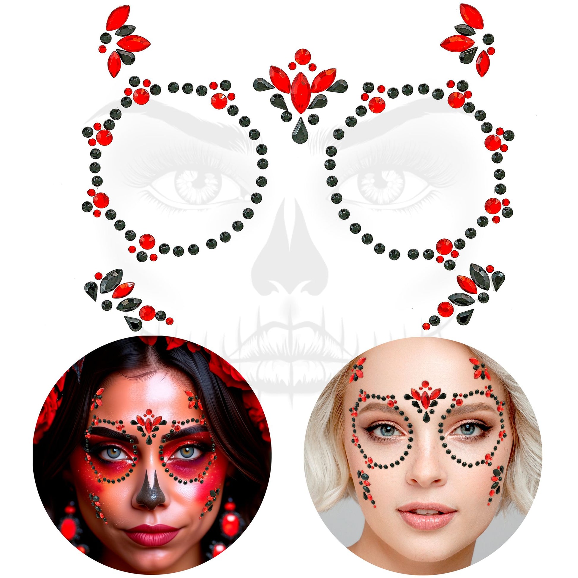 "SELBSTKLEBENDE GLITZERSTEINE FÜR DAS GESICHT DIA DE LOS MUERTOS ROT & SCHWARZ" – Ansicht 4
