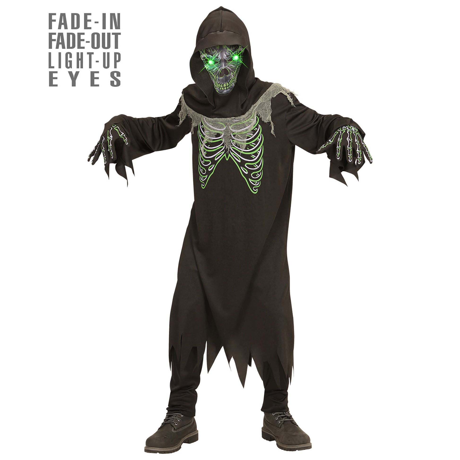 "SENSEMANN" (Robe, Handschuhe, Maske mit Kapuze und leuchtenden Augen- fade-in-fade-out Effekt) – Vorderansicht