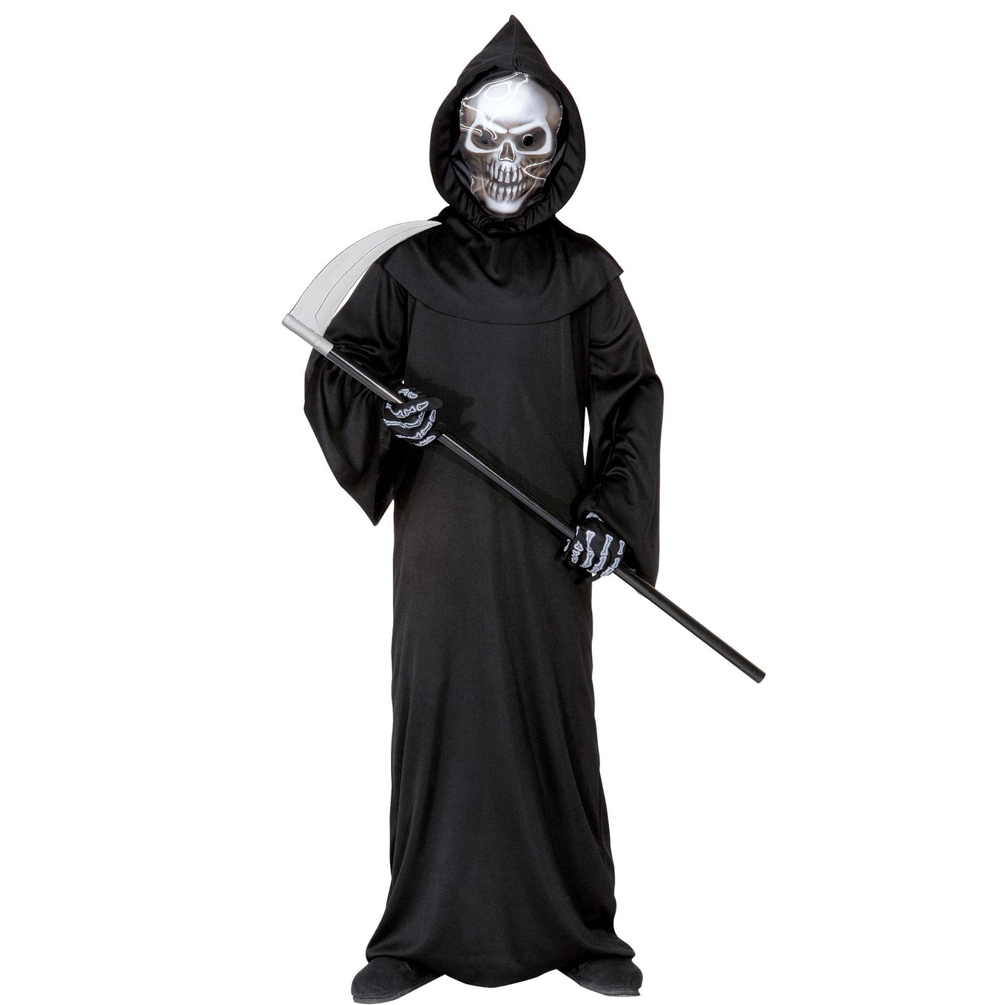 "SENSEMANN" (Robe, holografische Totenkopfmaske mit Kapuze. Knochenhandschuhe) – Vorderansicht