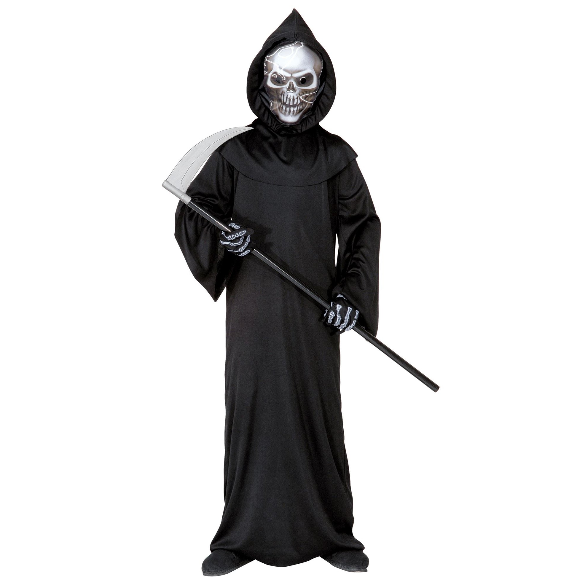 "SENSEMANN" (Robe, holografische Totenkopfmaske mit Kapuze. Knochenhandschuhe) – Vorderansicht