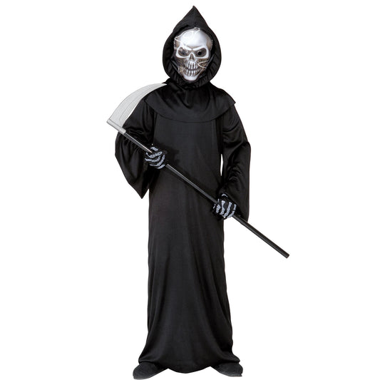 "SENSEMANN" (Robe, holografische Totenkopfmaske mit Kapuze. Knochenhandschuhe) – Vorderansicht