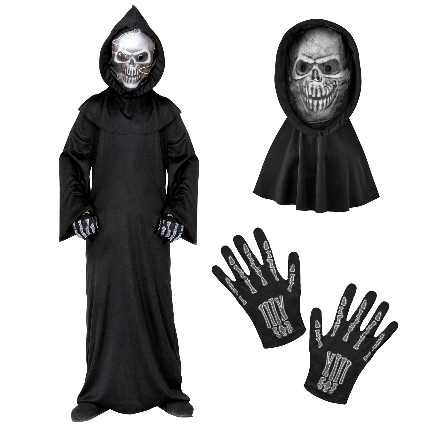 "SENSEMANN" (Robe, holografische Totenkopfmaske mit Kapuze. Knochenhandschuhe) – Detailansicht