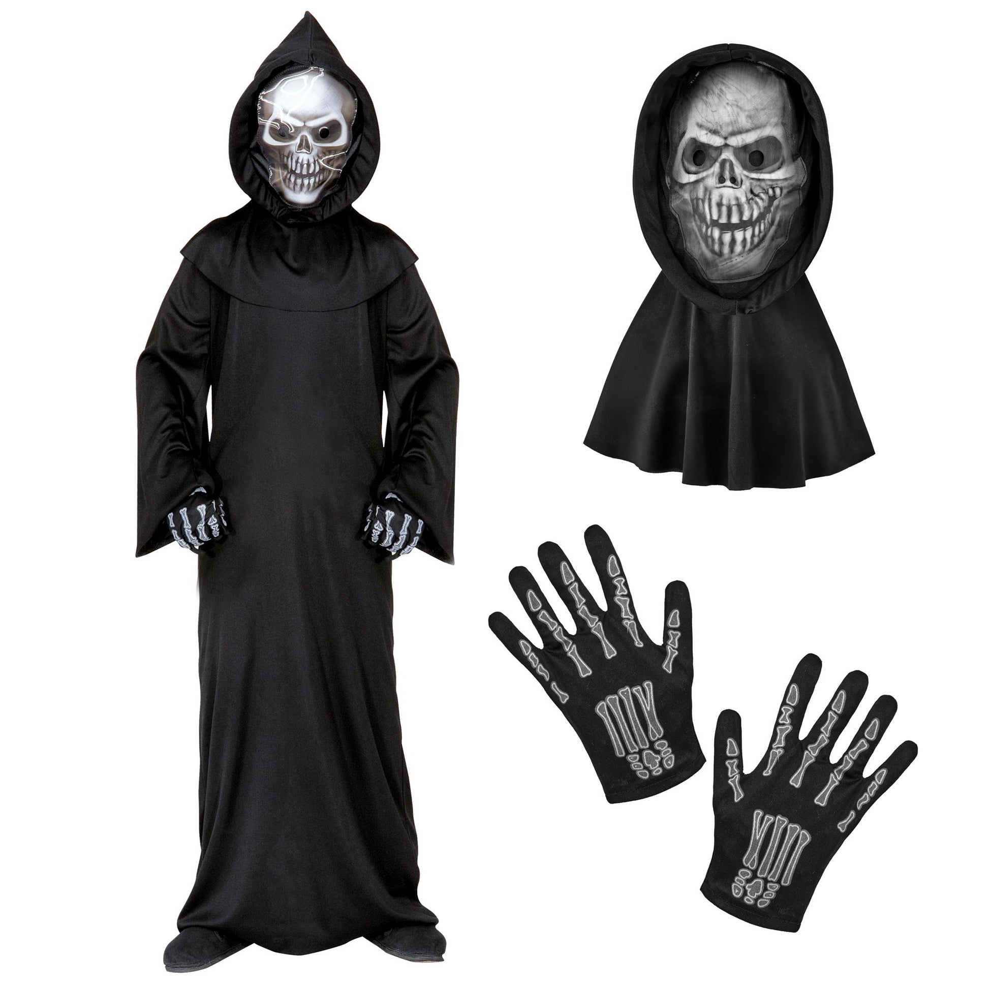 "SENSEMANN" (Robe, holografische Totenkopfmaske mit Kapuze. Knochenhandschuhe) – Detailansicht