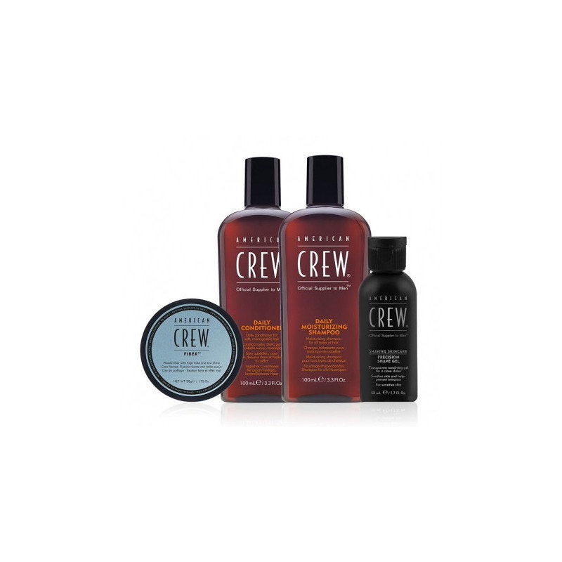 American Crew Essential Set mit Shampoo, Conditioner, Fiber Pomade und Rasiergel