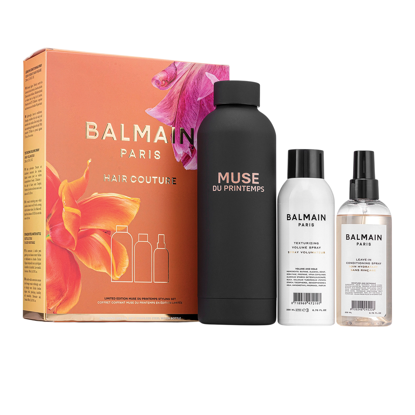 Set Balmain Professionnel: Muse Du Printemps, GWP Steel Water Bottle, Black + Balmain Professionnel, Argan Oil, Hair Leave-In Conditioner, For Hydrate/Detangle & Shine, 50 ml + Balmain Professionnel, Butane, Hair Spray, For Volume, Light Hold, 200 ml