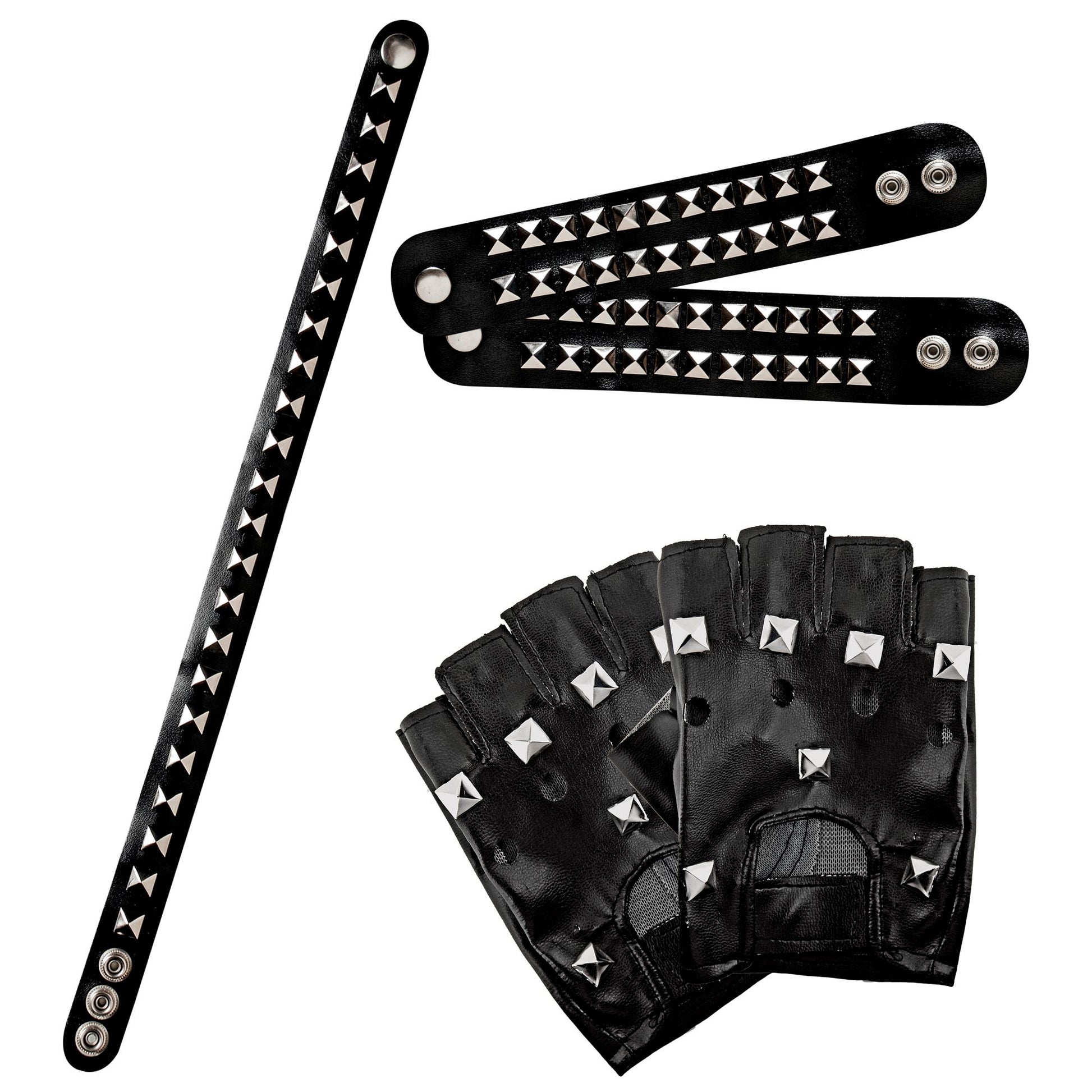 "SET BIKER/ROCKER: HANDSCHUHE MIT NIETEN - 2 ARMBÄNDER MIT NIETEN (2 REIHEN) - HALSBAND MIT NIETEN" Kunstleder – Vorderansicht