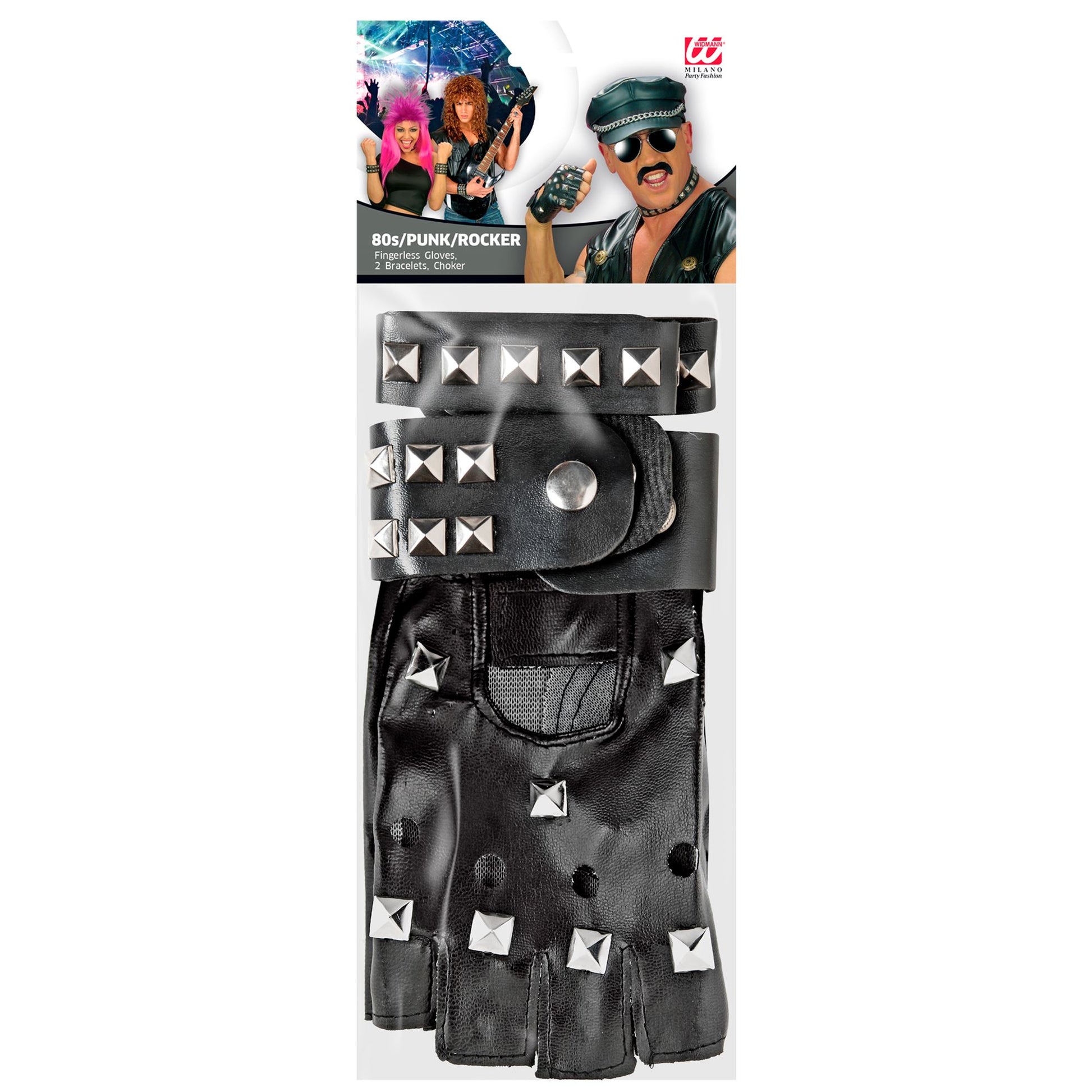 "SET BIKER/ROCKER: HANDSCHUHE MIT NIETEN - 2 ARMBÄNDER MIT NIETEN (2 REIHEN) - HALSBAND MIT NIETEN" Kunstleder – Detailansicht
