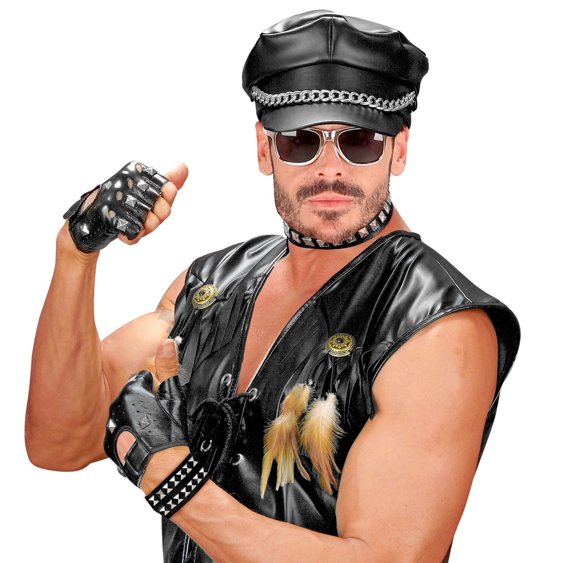 "SET BIKER/ROCKER: HANDSCHUHE MIT NIETEN - 2 ARMBÄNDER MIT NIETEN (2 REIHEN) - HALSBAND MIT NIETEN" Kunstleder – Ansicht 3