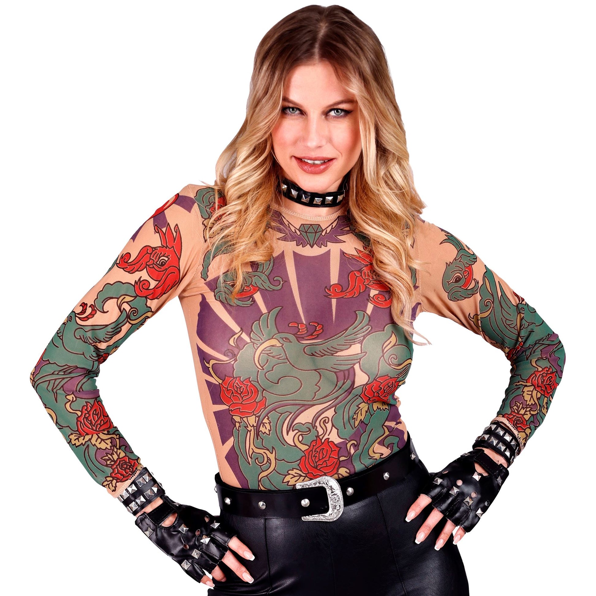 "SET BIKER/ROCKER: HANDSCHUHE MIT NIETEN - 2 ARMBÄNDER MIT NIETEN (2 REIHEN) - HALSBAND MIT NIETEN" Kunstleder – Ansicht 4