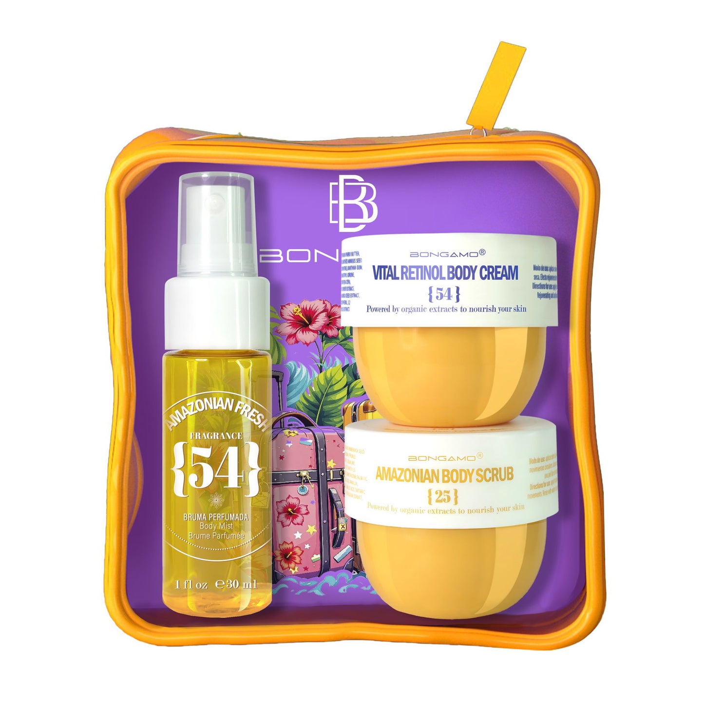 Set Bongamo: Amazonian Fresh 25, Smoothing, Body Scrub, 50 ml + Vital Retinol, Anti-Ageing, Body Cream, Body, 50 ml + Amazonian Fresh 54, Refreshing, Body Spray, Violet, 30 ml