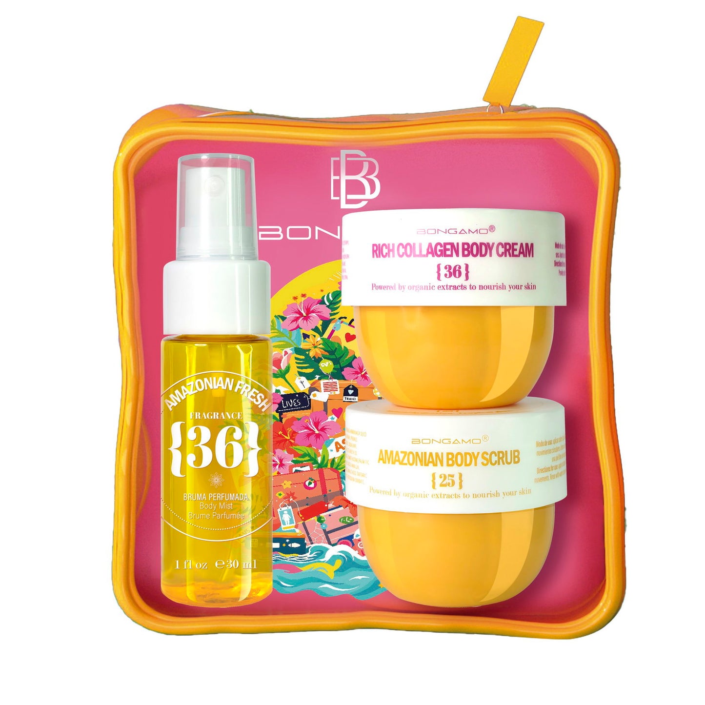 Set Bongamo: Amazonian Fresh 36, Refreshing, Body Spray, Floral, 30 ml + Amazonian Fresh 25, Smoothing, Body Scrub, 50 ml + Rich Collagen, Nourishing, Body Cream, Body, 50 ml